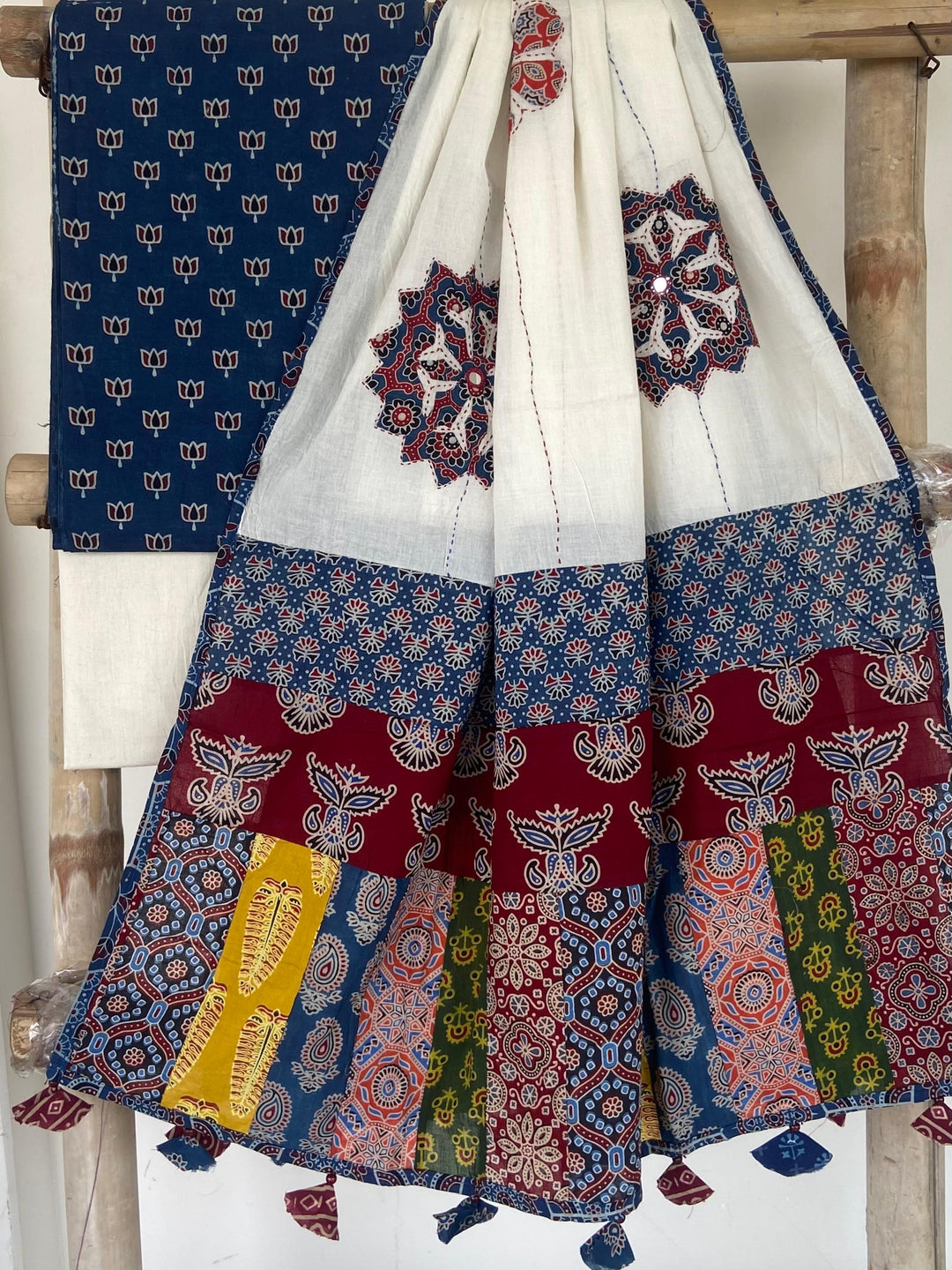 Pure Cotton Azrakh Print Unstitched suit With patch work Dupatta