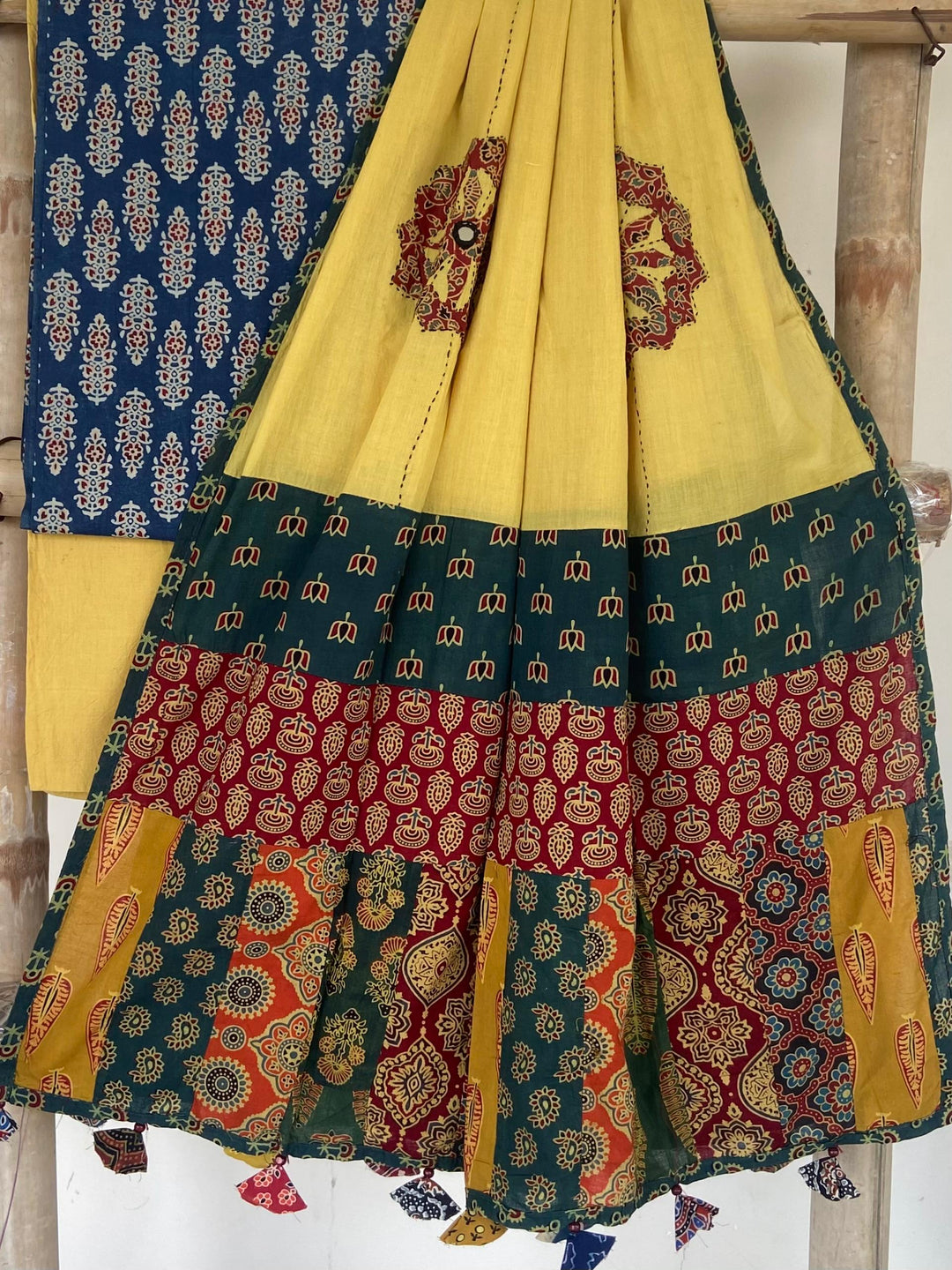 Pure Cotton Azrakh Print Unstitched suit With patch work Dupatta