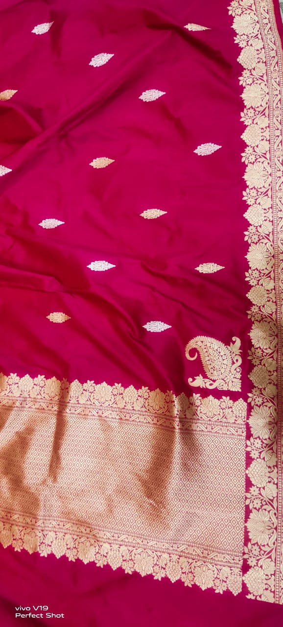 Pure Banarasi Katan by Katan Silk Saree with Kadhwa Buti Work and konia Border