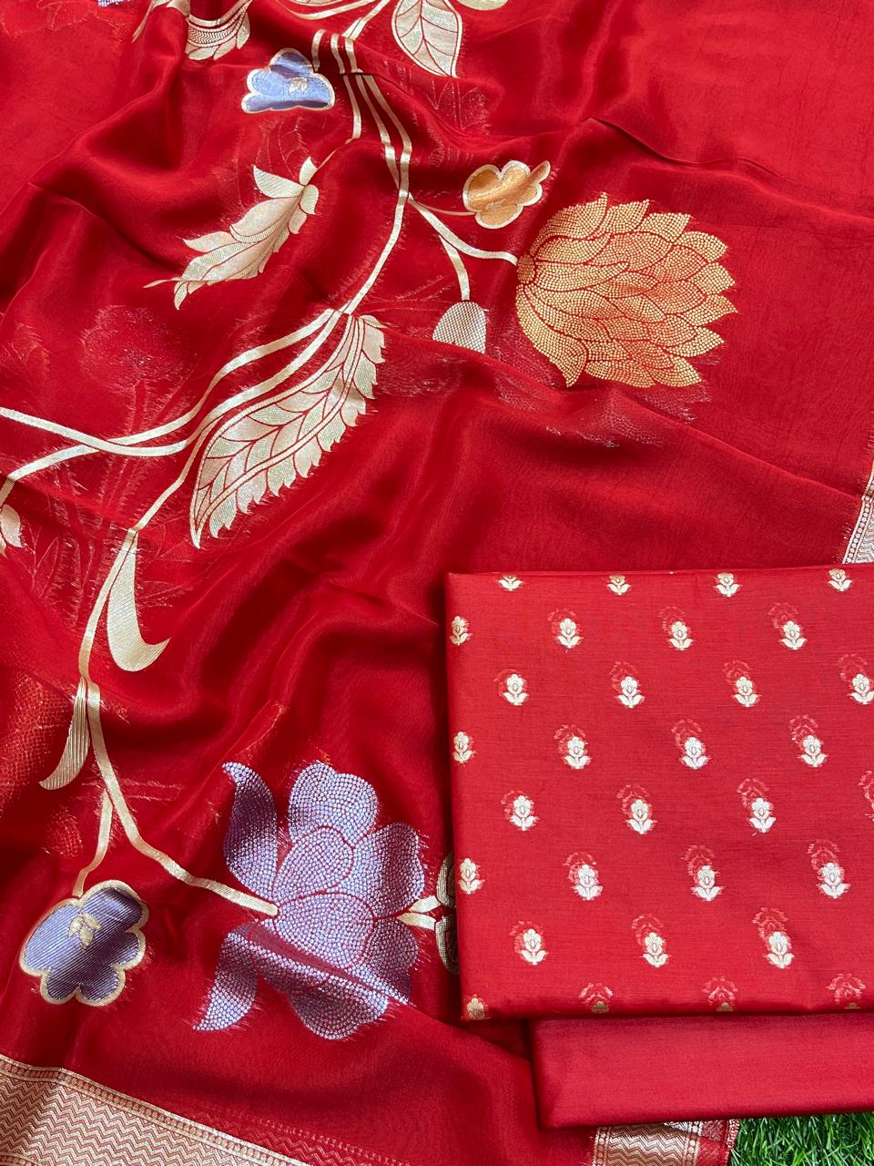 Pure Banarasi Resham Chanderi Unstitched Suit with Organza Dupatta