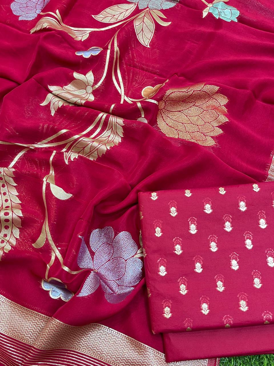 Pure Banarasi Resham Chanderi Unstitched Suit with Organza Dupatta