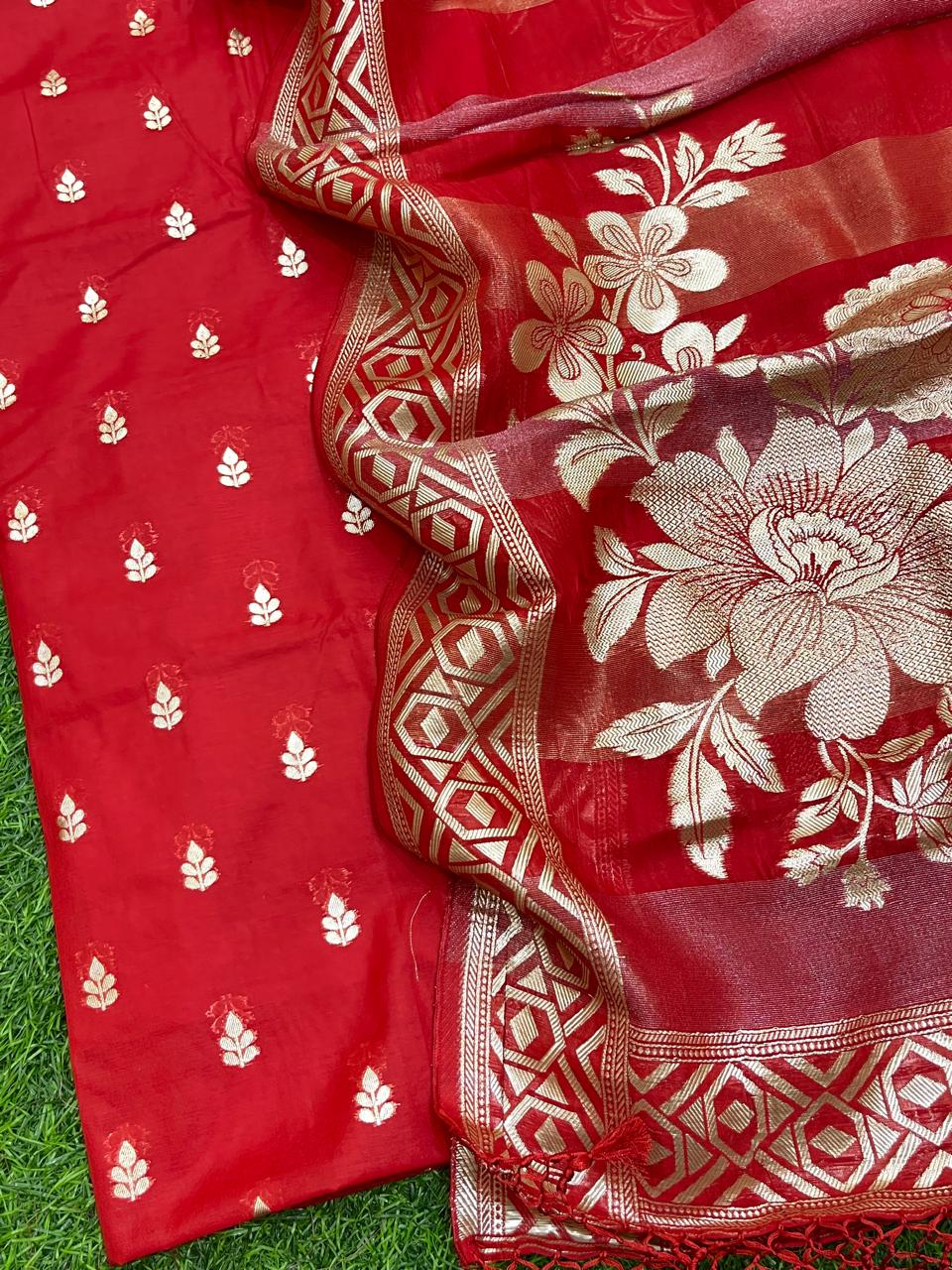 Pure Banarasi Resham Chanderi Unstitched Suit with Organza Dupatta