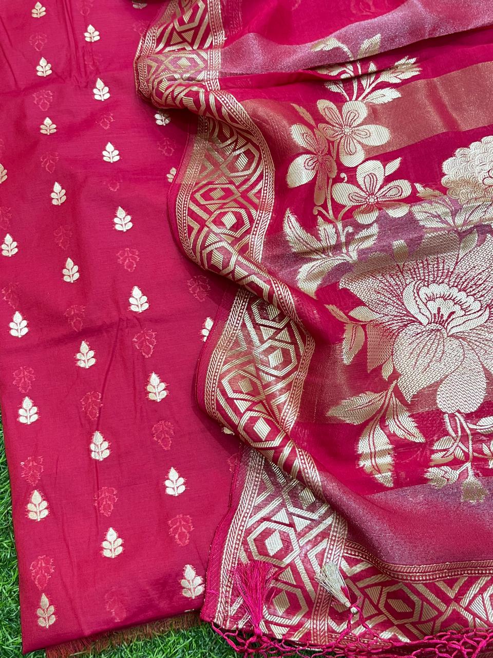 Pure Banarasi Resham Chanderi Unstitched Suit with Organza Dupatta