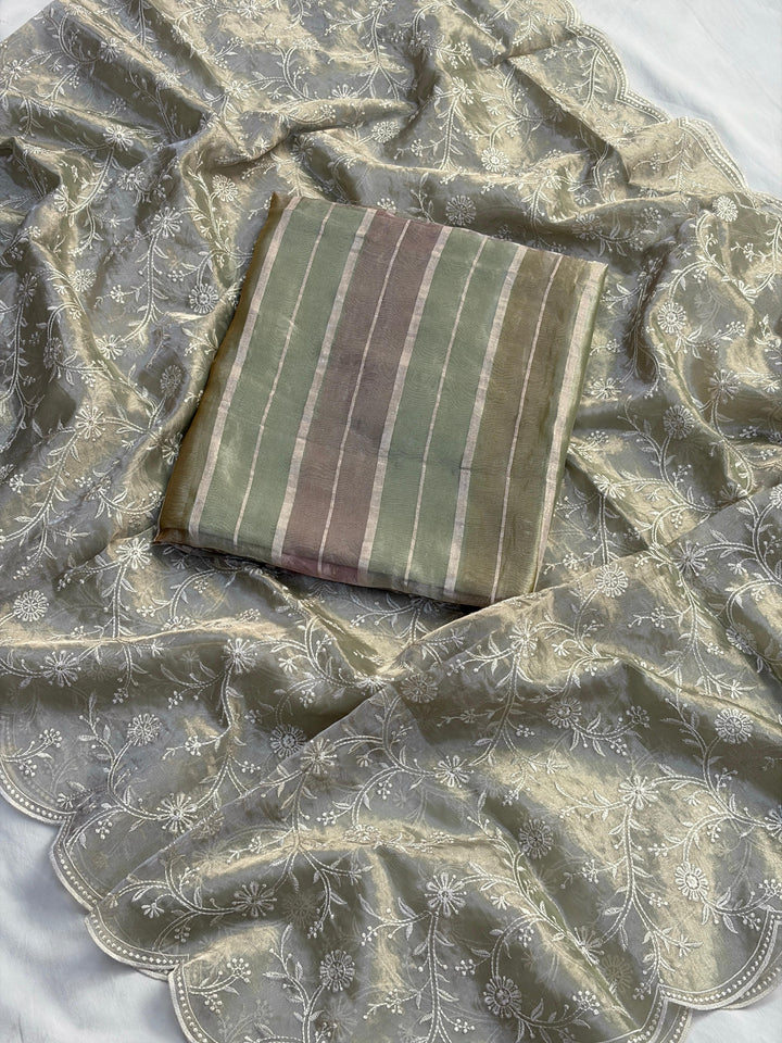 Pure Handloom Banarasi Tissue Rangkaat Weaved Unstitcehd Suit With Handloom Tissue Embroidered Dupatta