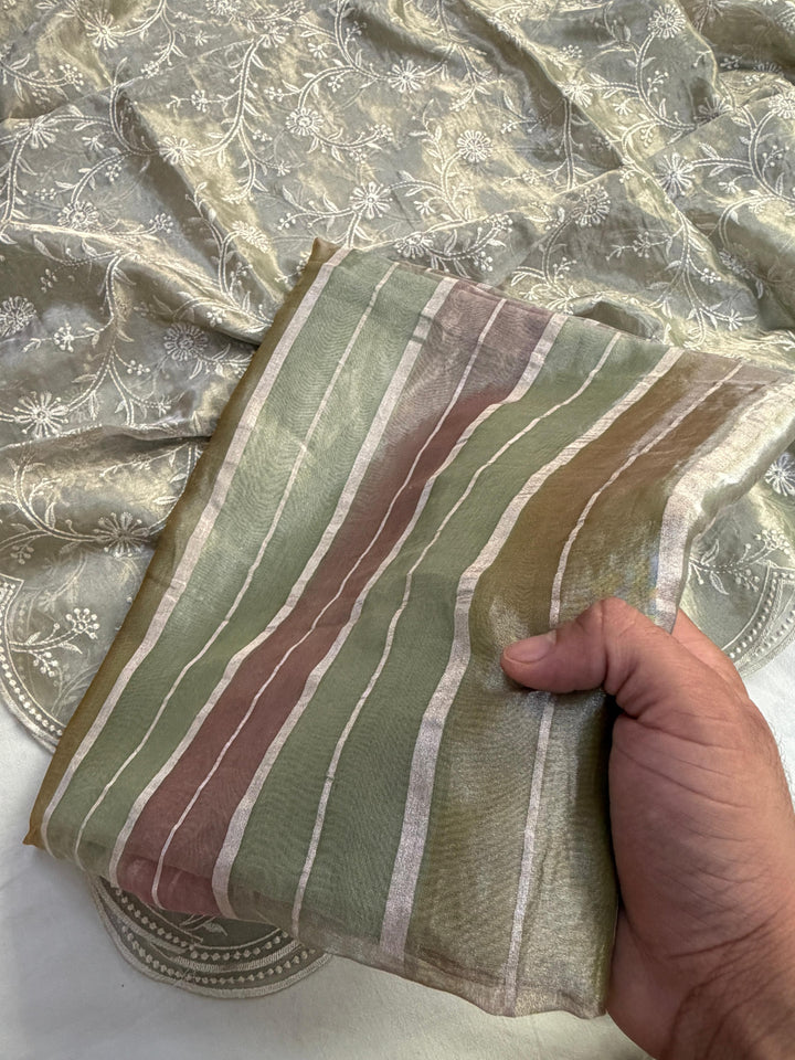 Pure Handloom Banarasi Tissue Rangkaat Weaved Unstitcehd Suit With Handloom Tissue Embroidered Dupatta