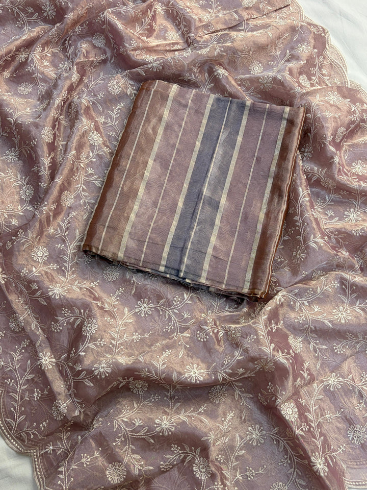 Pure Handloom Banarasi Tissue Rangkaat Weaved Unstitcehd Suit With Handloom Tissue Embroidered Dupatta