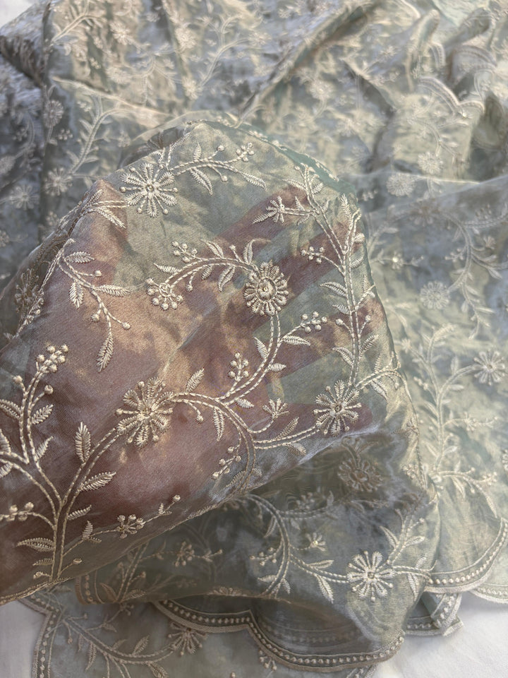 Pure Handloom Banarasi Tissue Rangkaat Weaved Unstitcehd Suit With Handloom Tissue Embroidered Dupatta