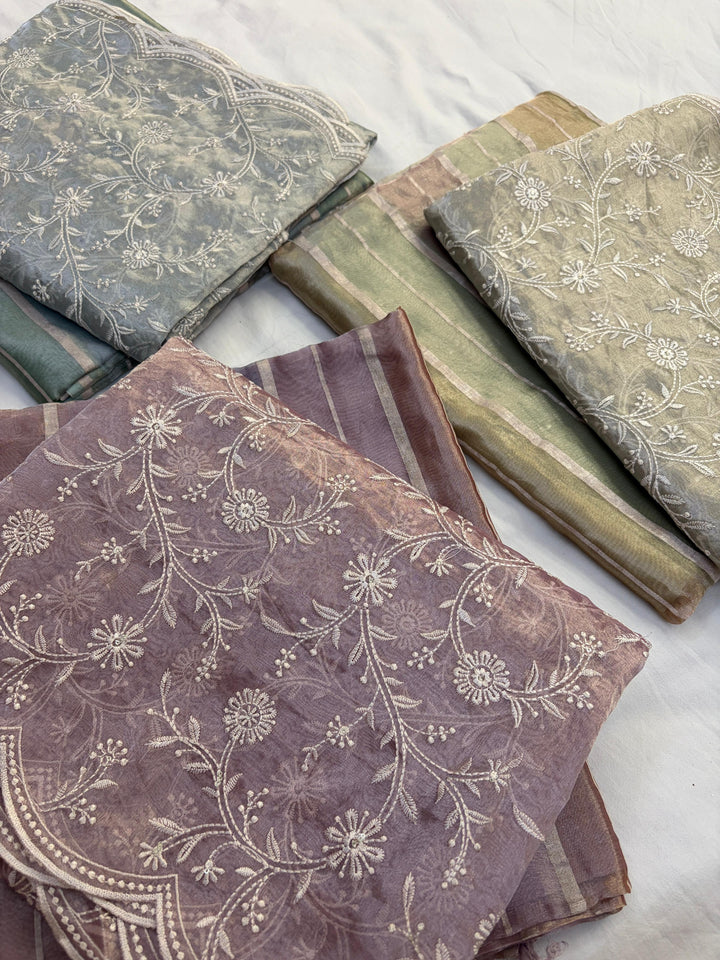 Pure Handloom Banarasi Tissue Rangkaat Weaved Unstitcehd Suit With Handloom Tissue Embroidered Dupatta