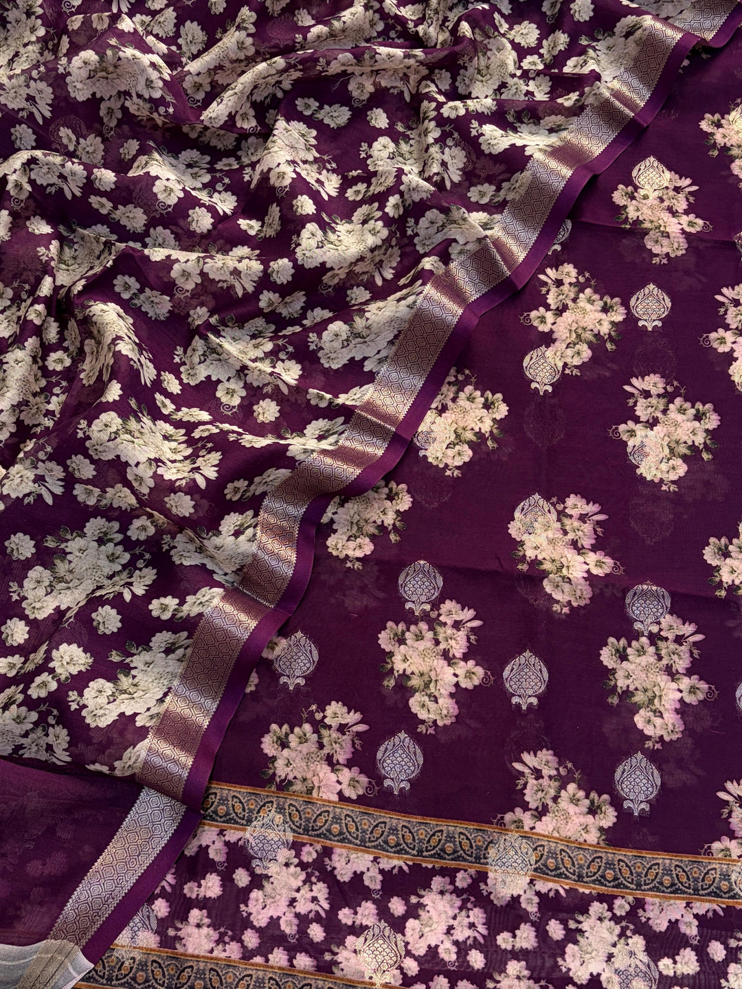 Pure Banarasi Chanderi silk Digtal print Zari Work Unstitched Suit.