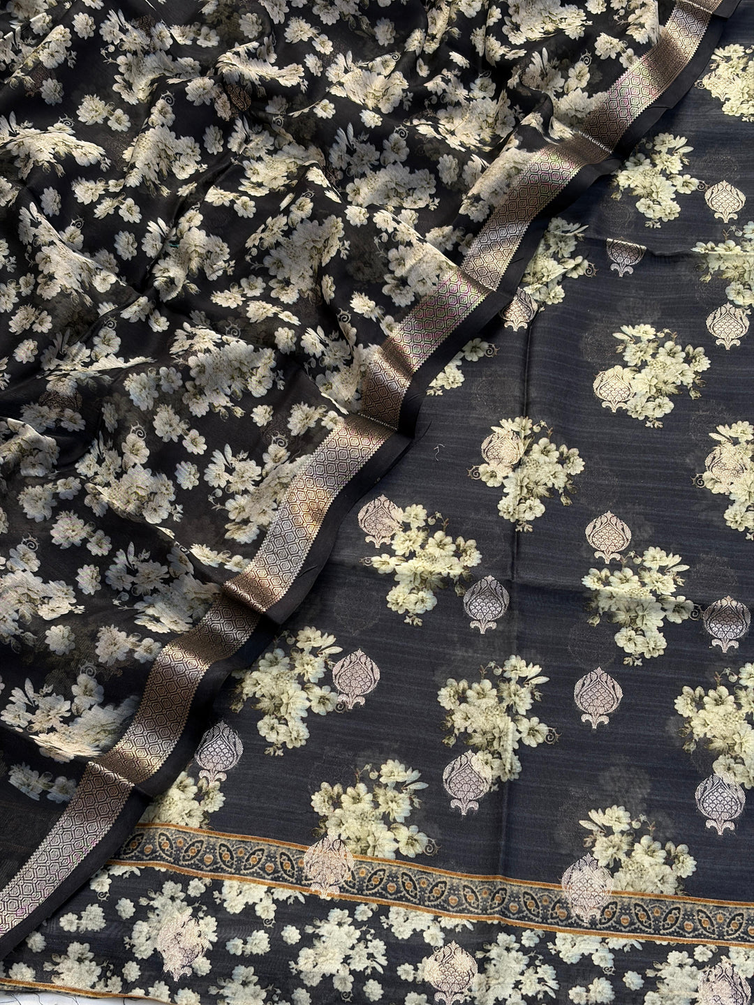 Pure Banarasi Chanderi silk Digtal print Zari Work Unstitched Suit.