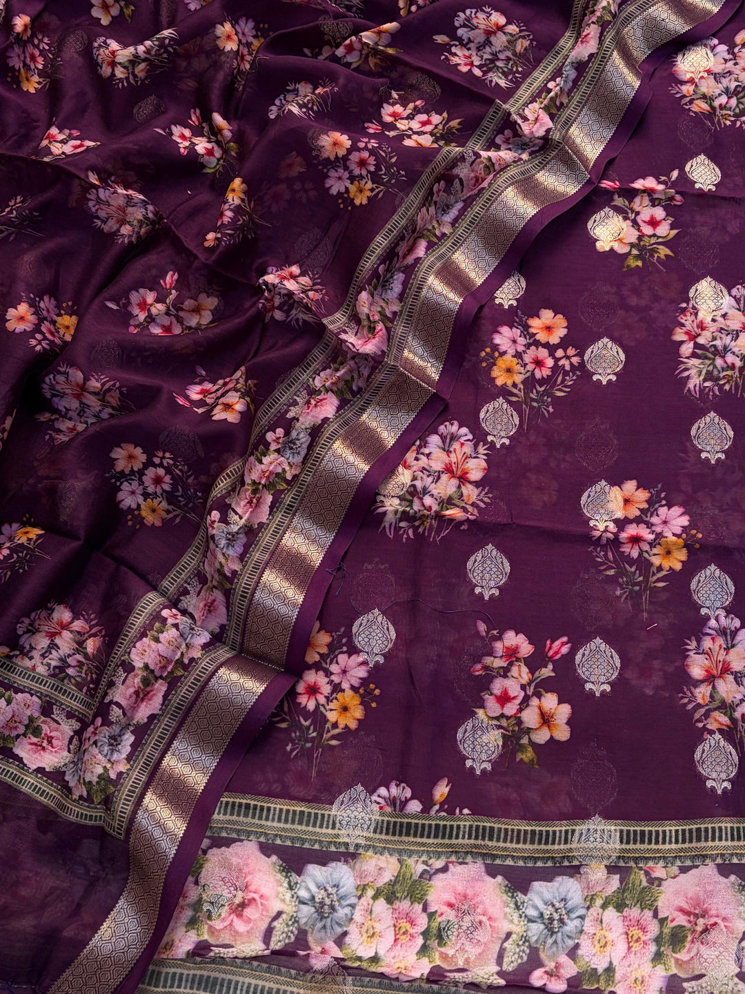 Pure Banarasi Chanderi silk Digtal print Zari Work Unstitched Suit