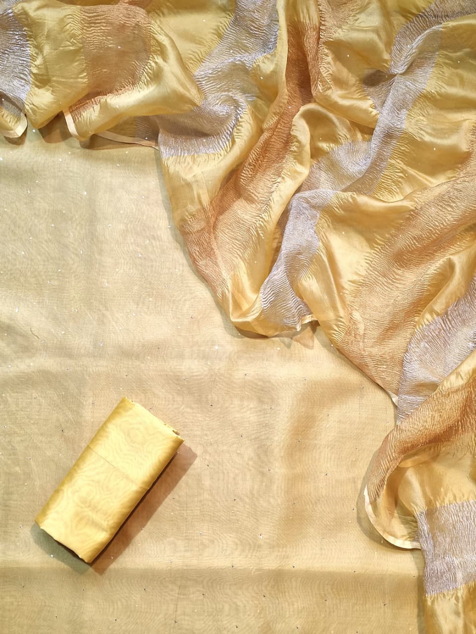 Pure Banarasi Organza Silk Unstitched Suit With mukaish Work Paired with Sona Rupa Work Tissue Organza Crushed Dupatta