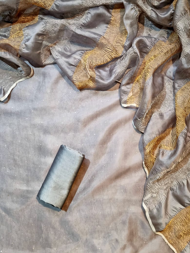 Pure Banarasi Organza Silk Unstitched Suit With mukaish Work Paired with Sona Rupa Work Tissue Organza Crushed Dupatta