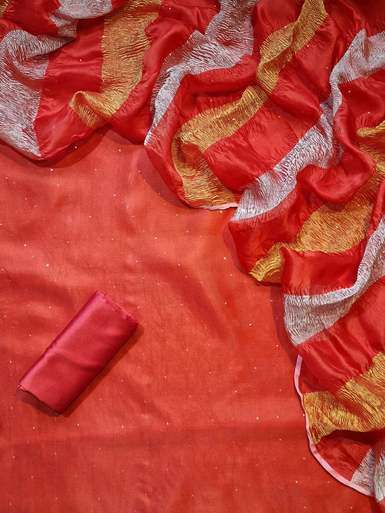 Pure Banarasi Organza Silk Unstitched Suit With mukaish Work Paired with Sona Rupa Work Tissue Organza Crushed Dupatta