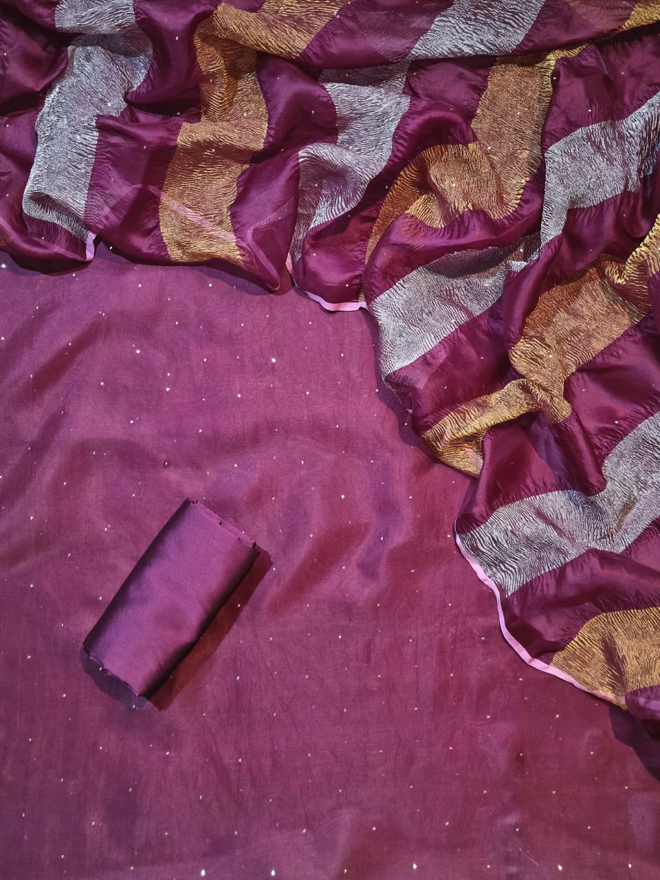 Pure Banarasi Organza Silk Unstitched Suit With mukaish Work Paired with Sona Rupa Work Tissue Organza Crushed Dupatta