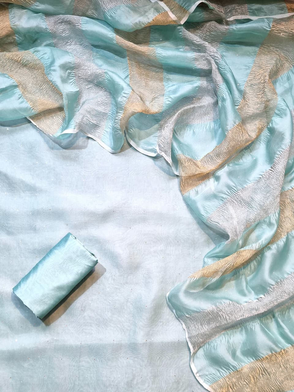 Pure Banarasi Organza Silk Unstitched Suit With mukaish Work Paired with Sona Rupa Work Tissue Organza Crushed Dupatta