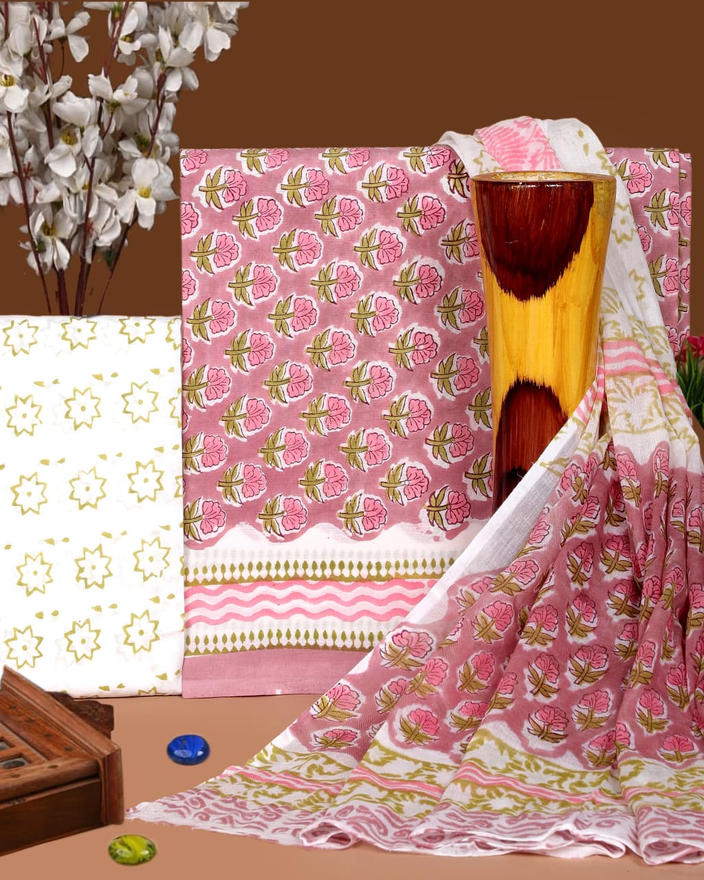 Pure Cotton Hand Block Print Unstitched Suit with Cotton Dupatta