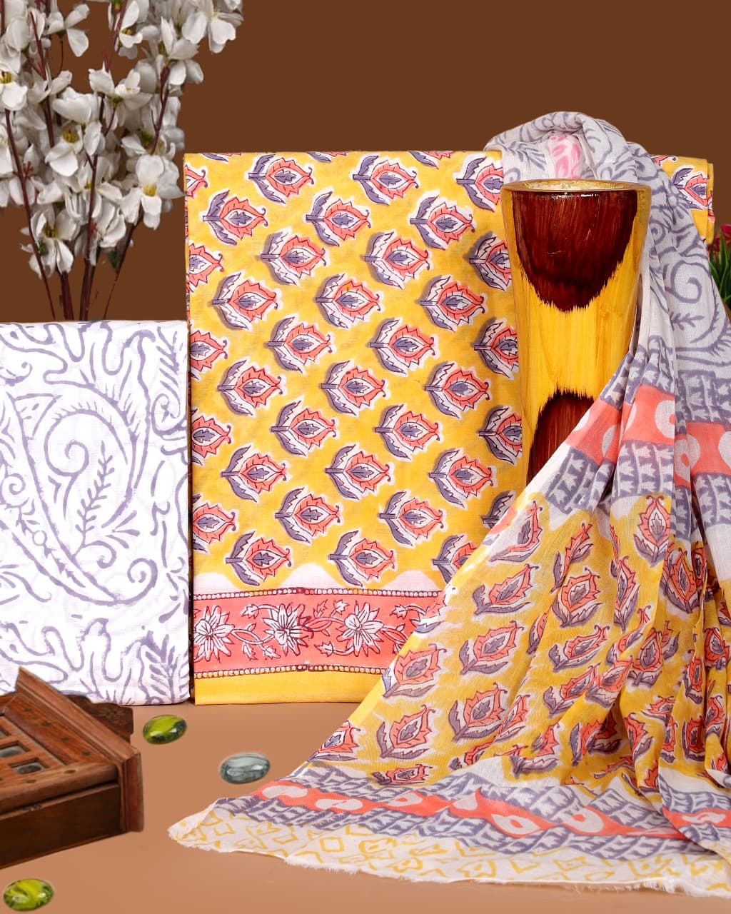 Pure Cotton Hand Block Print Unstitched Suit with Cotton Dupatta