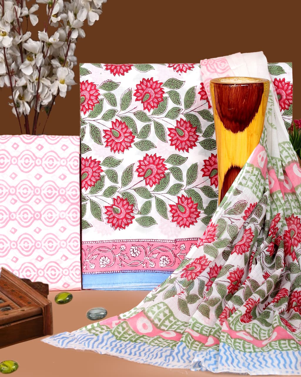 Pure Cotton Hand Block Print Unstitched Suit with Cotton Dupatta