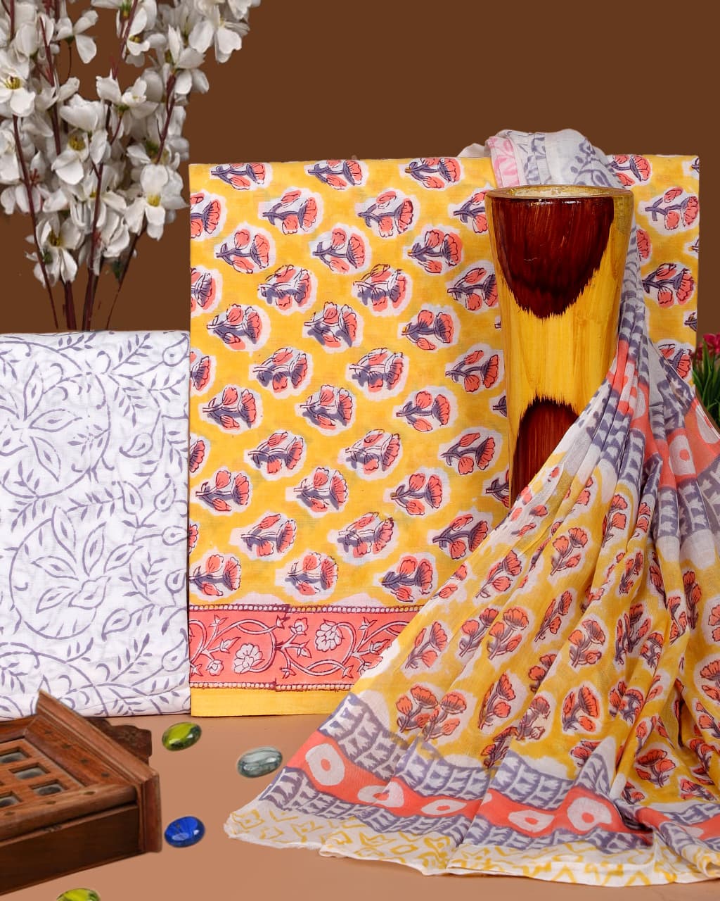 Pure Cotton Hand Block Print Unstitched Suit with Cotton Dupatta