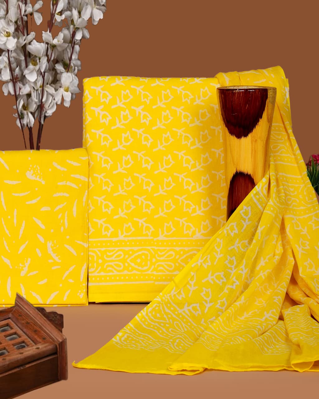 Pure Cotton Hand Block Print Unstitched Suit with Cotton Dupatta