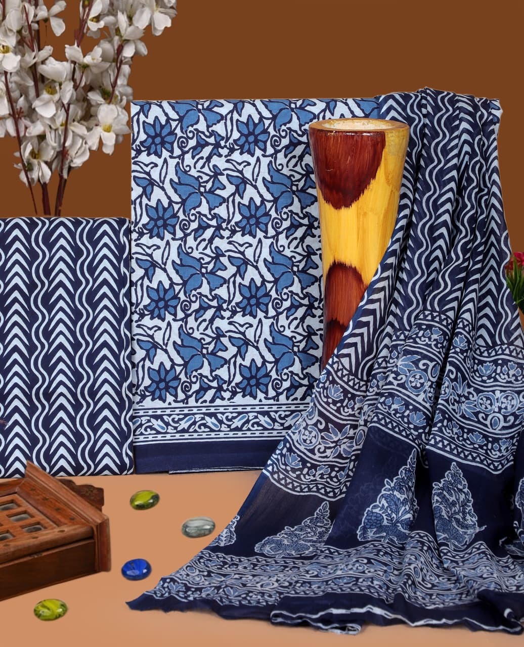 Pure Cotton Hand Block Print Unstitched Suit with Cotton Dupatta