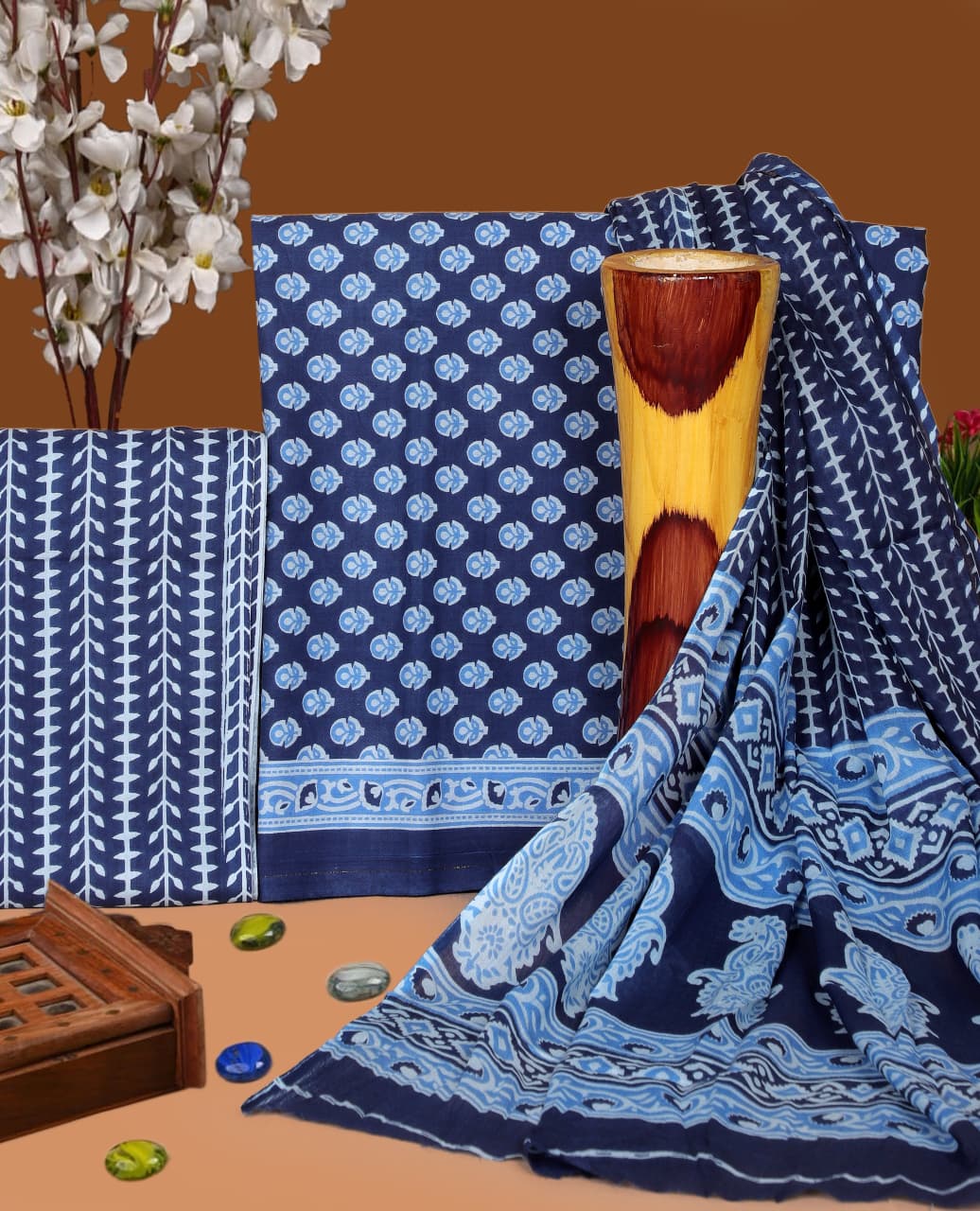 Pure Cotton Hand Block Print Unstitched Suit with Cotton Dupatta