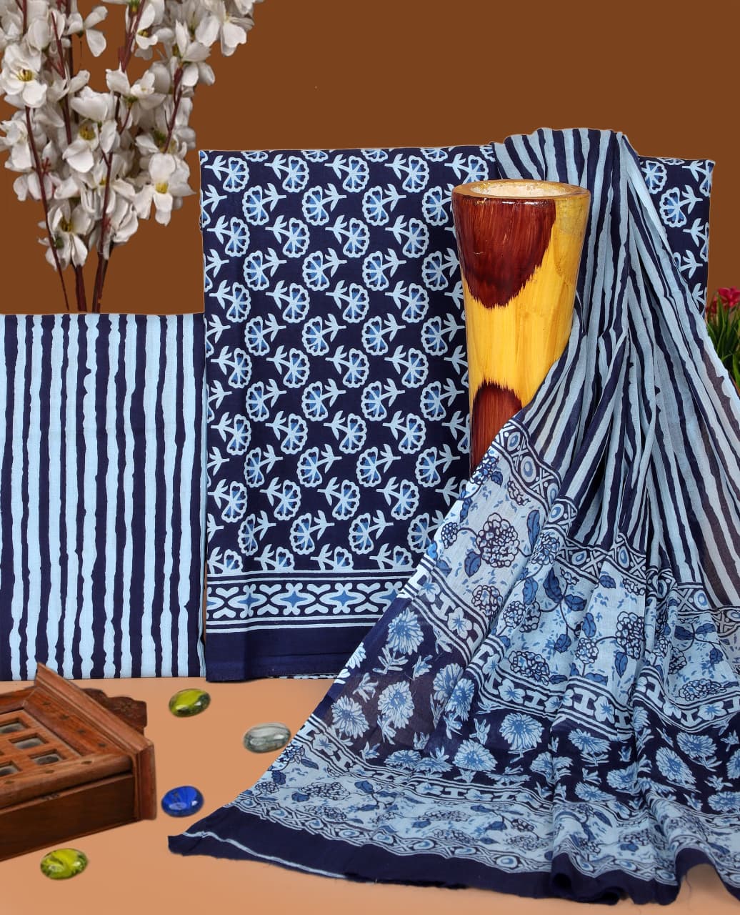 Pure Cotton Hand Block Print Unstitched Suit with Cotton Dupatta