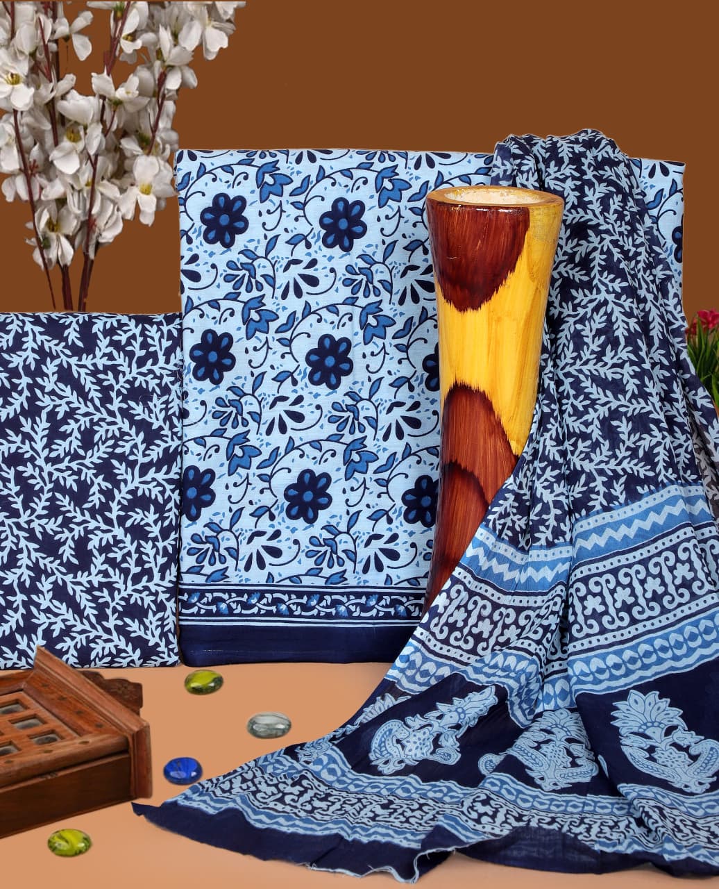 Pure Cotton Hand Block Print Unstitched Suit with Cotton Dupatta