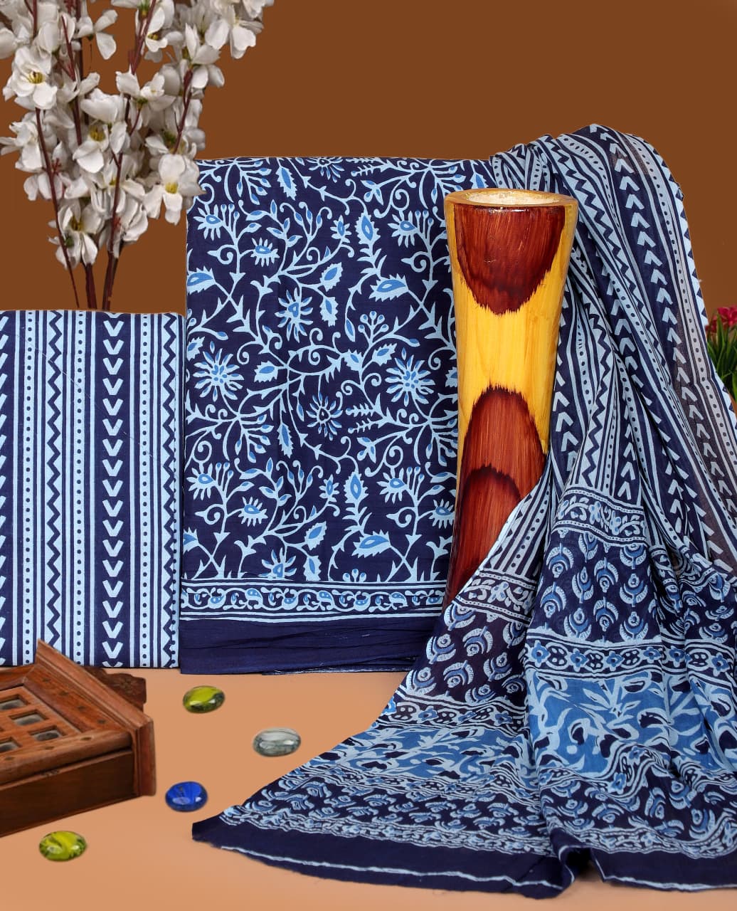 Pure Cotton Hand Block Print Unstitched Suit with Cotton Dupatta