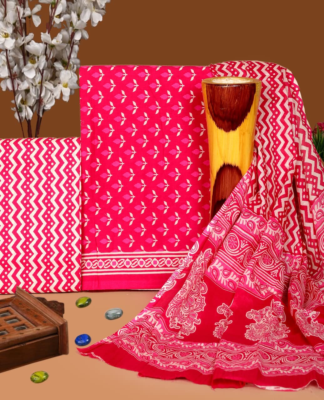 Pure Cotton Hand Block Print Unstitched Suit with Cotton Dupatta
