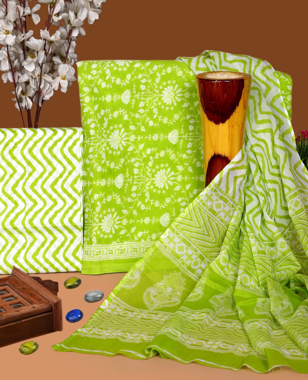 Pure Cotton Hand Block Print Unstitched Suit with Cotton Dupatta