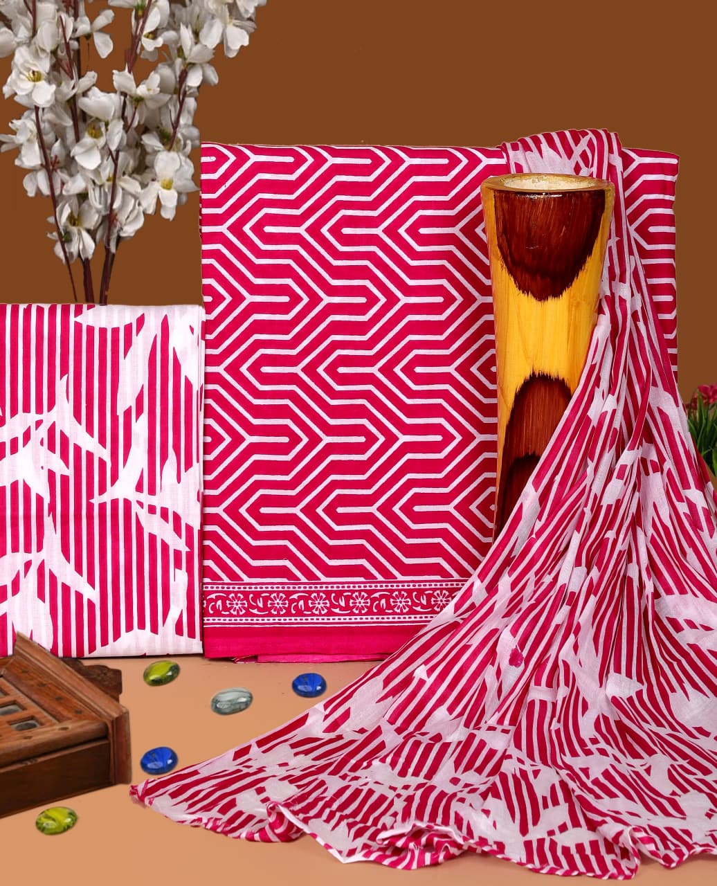 Pure Cotton Hand Block Print Unstitched Suit with Cotton Dupatta