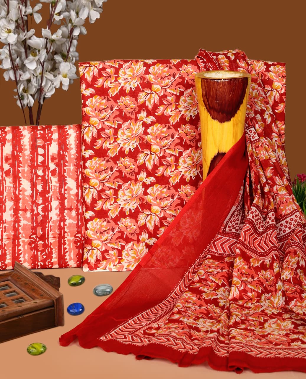 Pure Cotton Hand Block Print Unstitched Suit with Cotton Dupatta