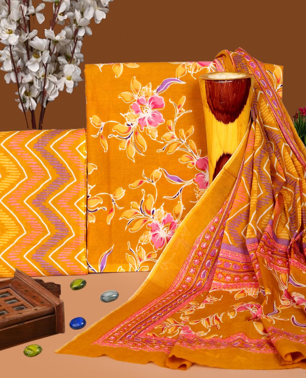 Pure Cotton Hand Block Print Unstitched Suit with Cotton Dupatta