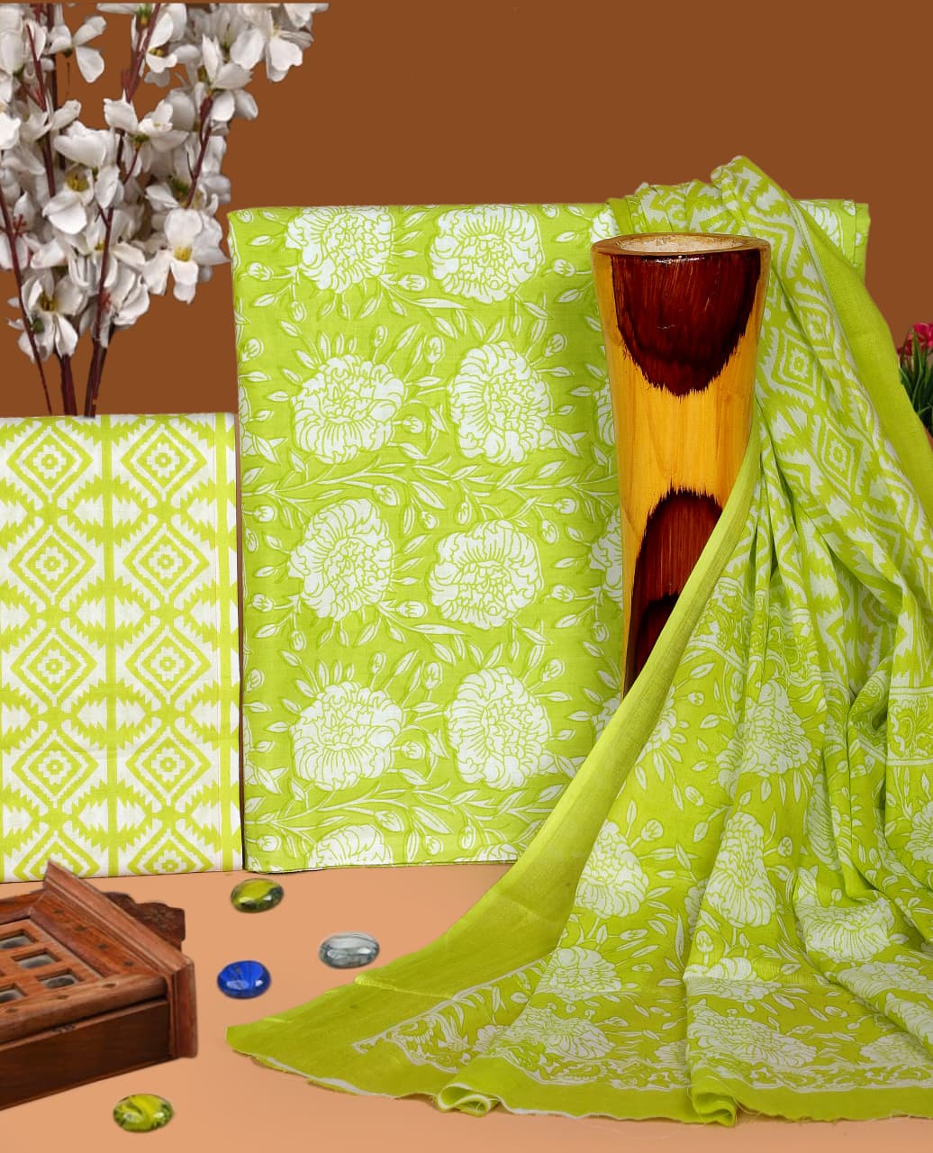 Pure Cotton Hand Block Print Unstitched Suit with Cotton Dupatta