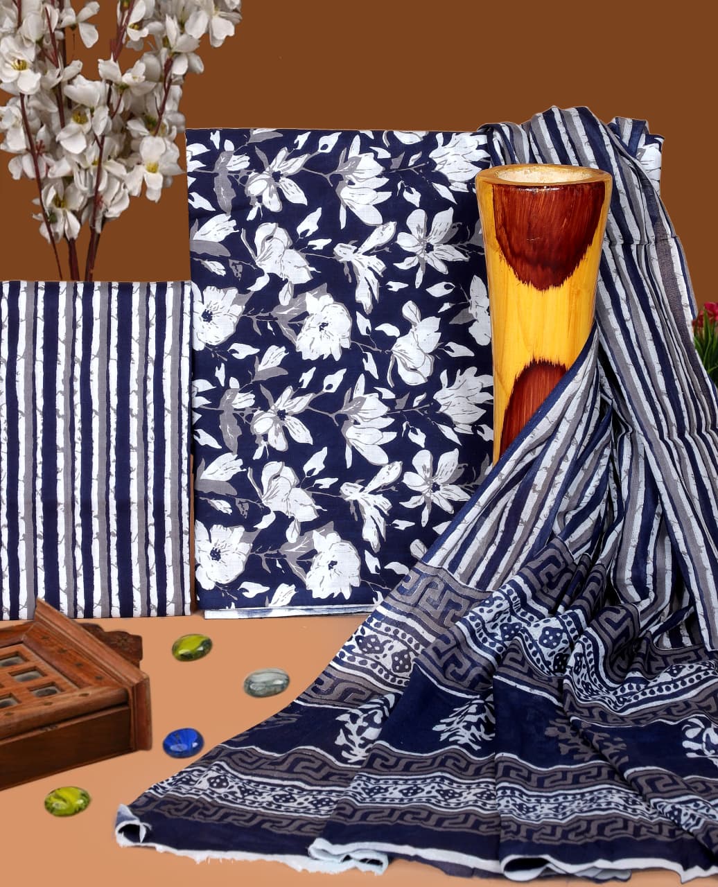 Pure Cotton Hand Block Print Unstitched Suit with Cotton Dupatta