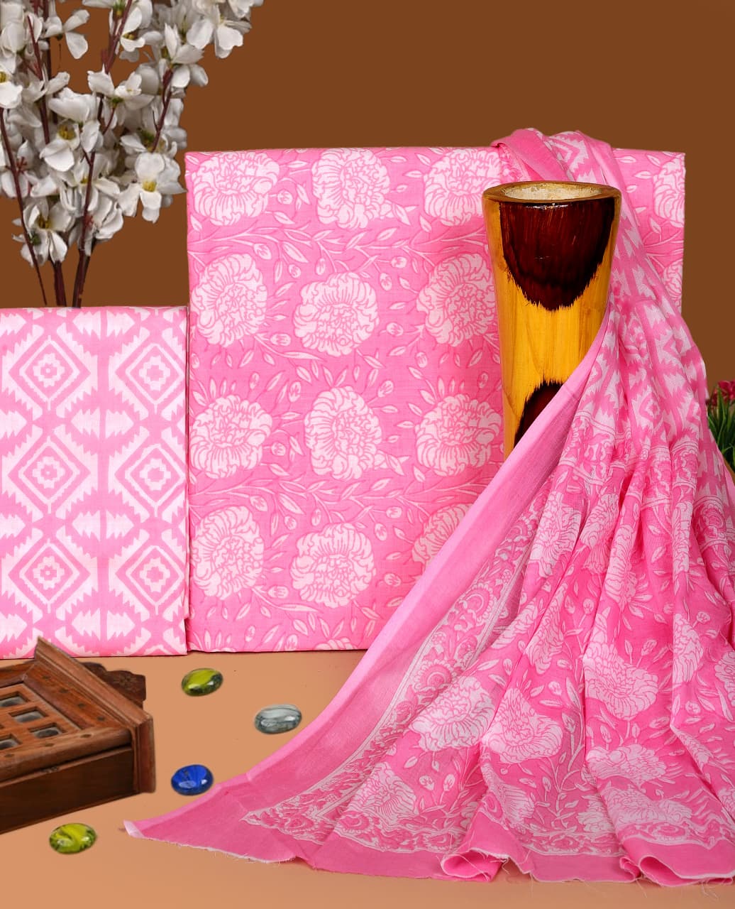 Pure Cotton Hand Block Print Unstitched Suit with Cotton Dupatta