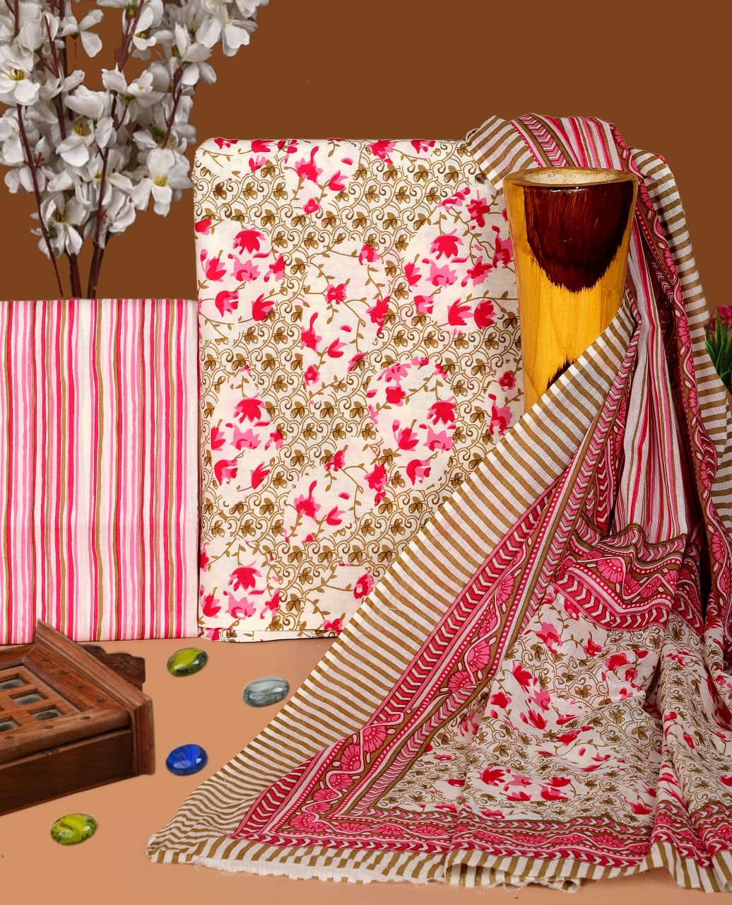 Pure Cotton Hand Block Print Unstitched Suit with Cotton Dupatta