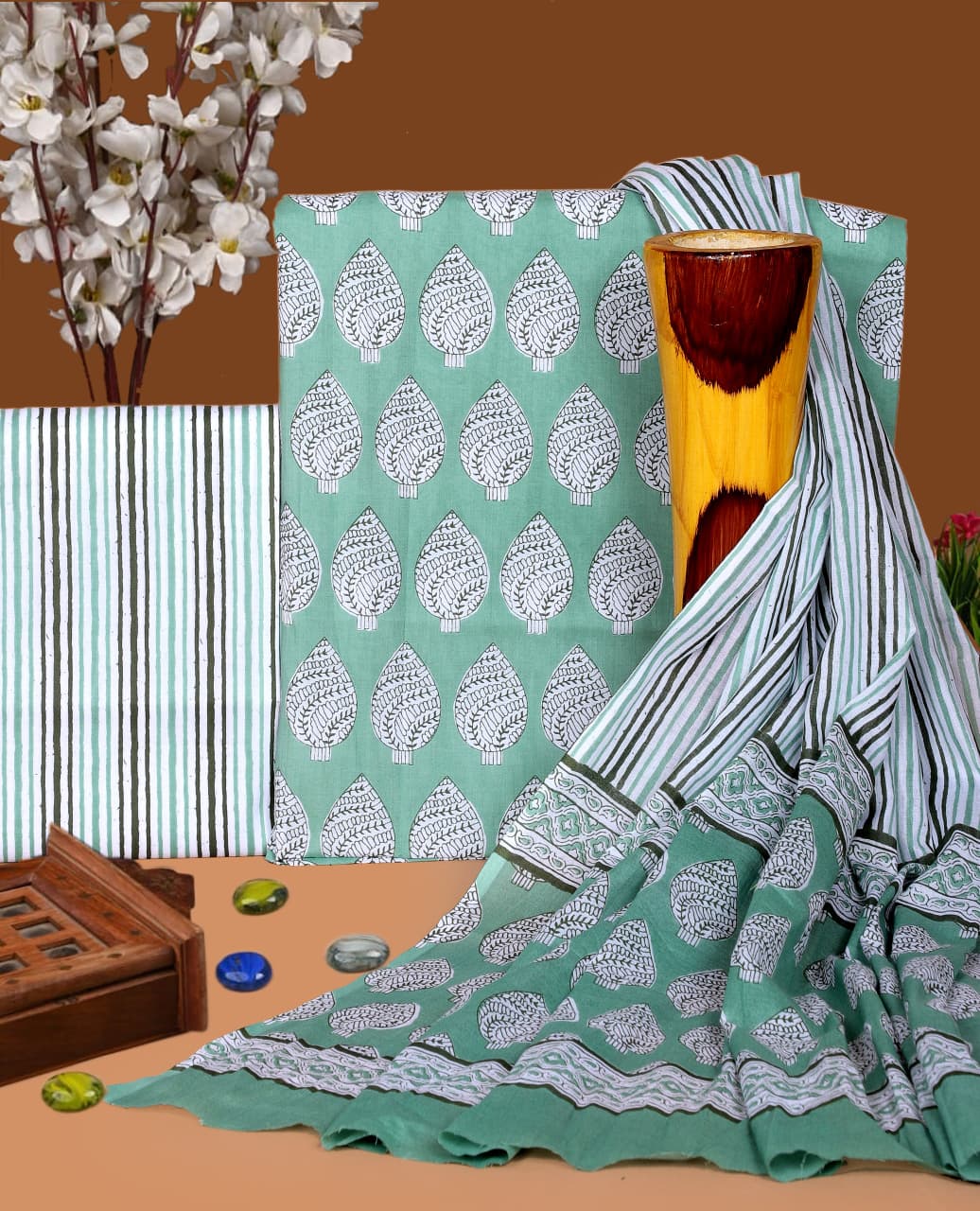 Pure Cotton Hand Block Print Unstitched Suit with Cotton Dupatta