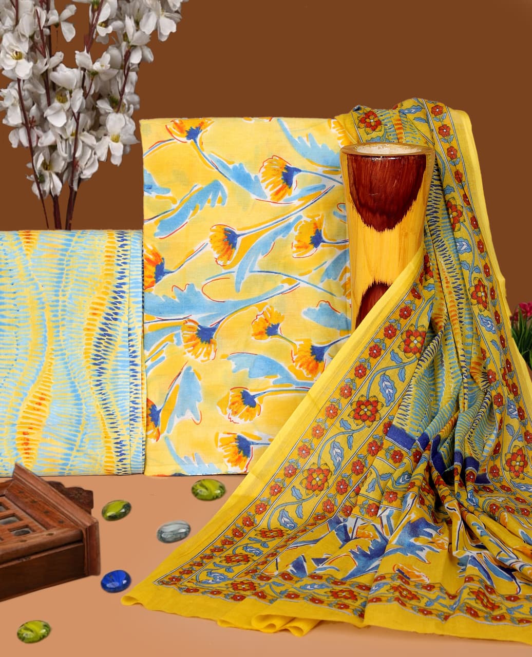 Pure Cotton Hand Block Print Unstitched Suit with Cotton Dupatta