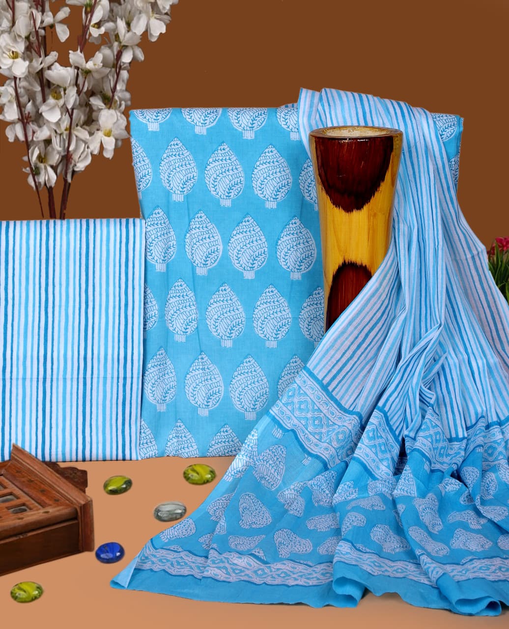 Pure Cotton Hand Block Print Unstitched Suit with Cotton Dupatta