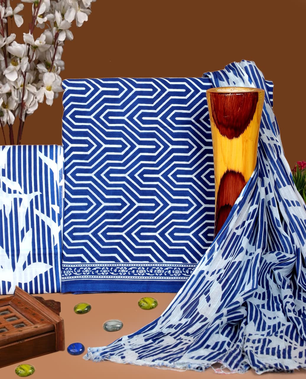 Pure Cotton Hand Block Print Unstitched Suit with Cotton Dupatta