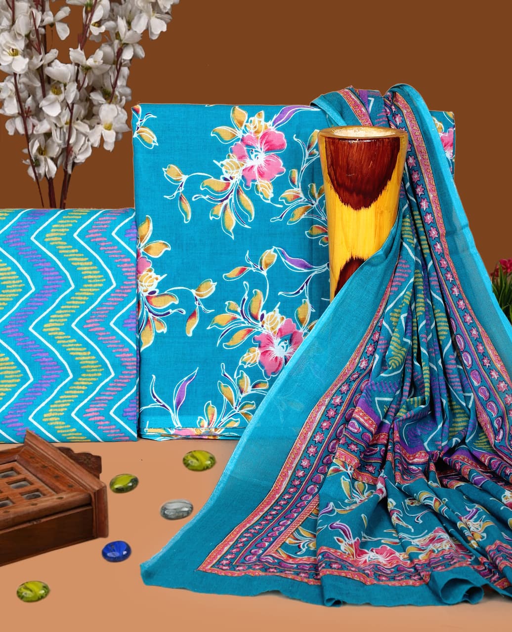 Pure Cotton Hand Block Print Unstitched Suit with Cotton Dupatta