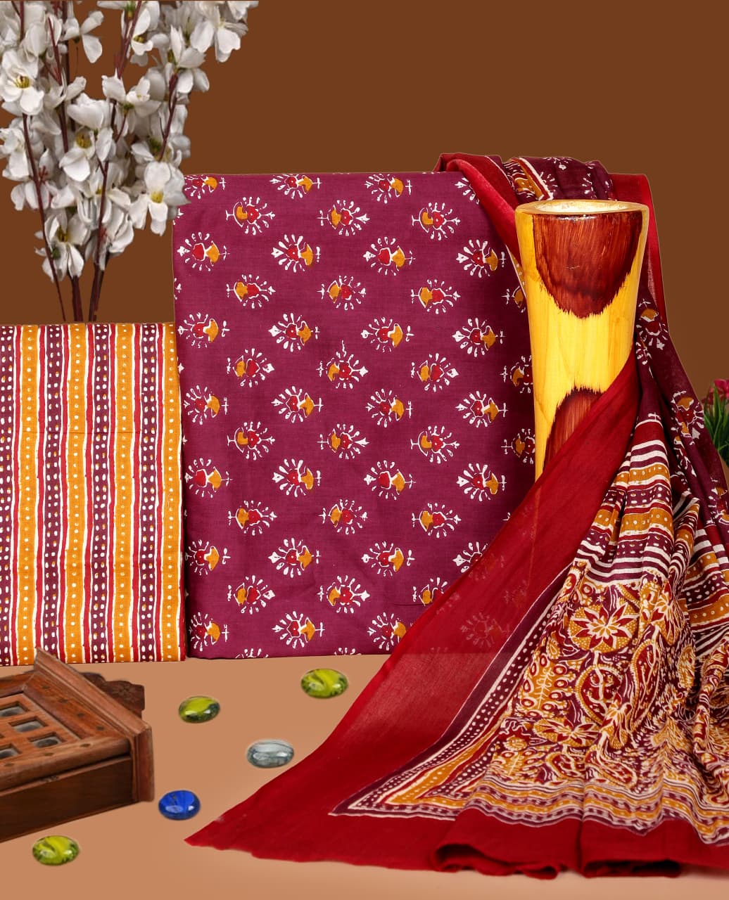 Pure Cotton Hand Block Print Unstitched Suit with Cotton Dupatta