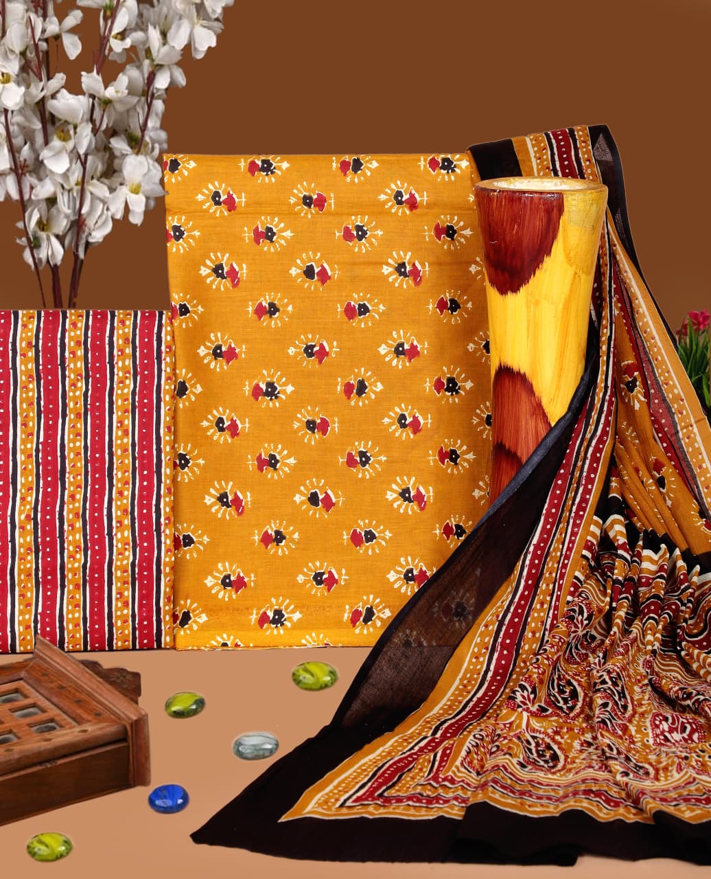 Pure Cotton Hand Block Print Unstitched Suit with Cotton Dupatta