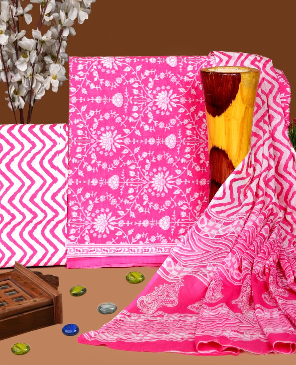 Pure Cotton Hand Block Print Unstitched Suit with Cotton Dupatta