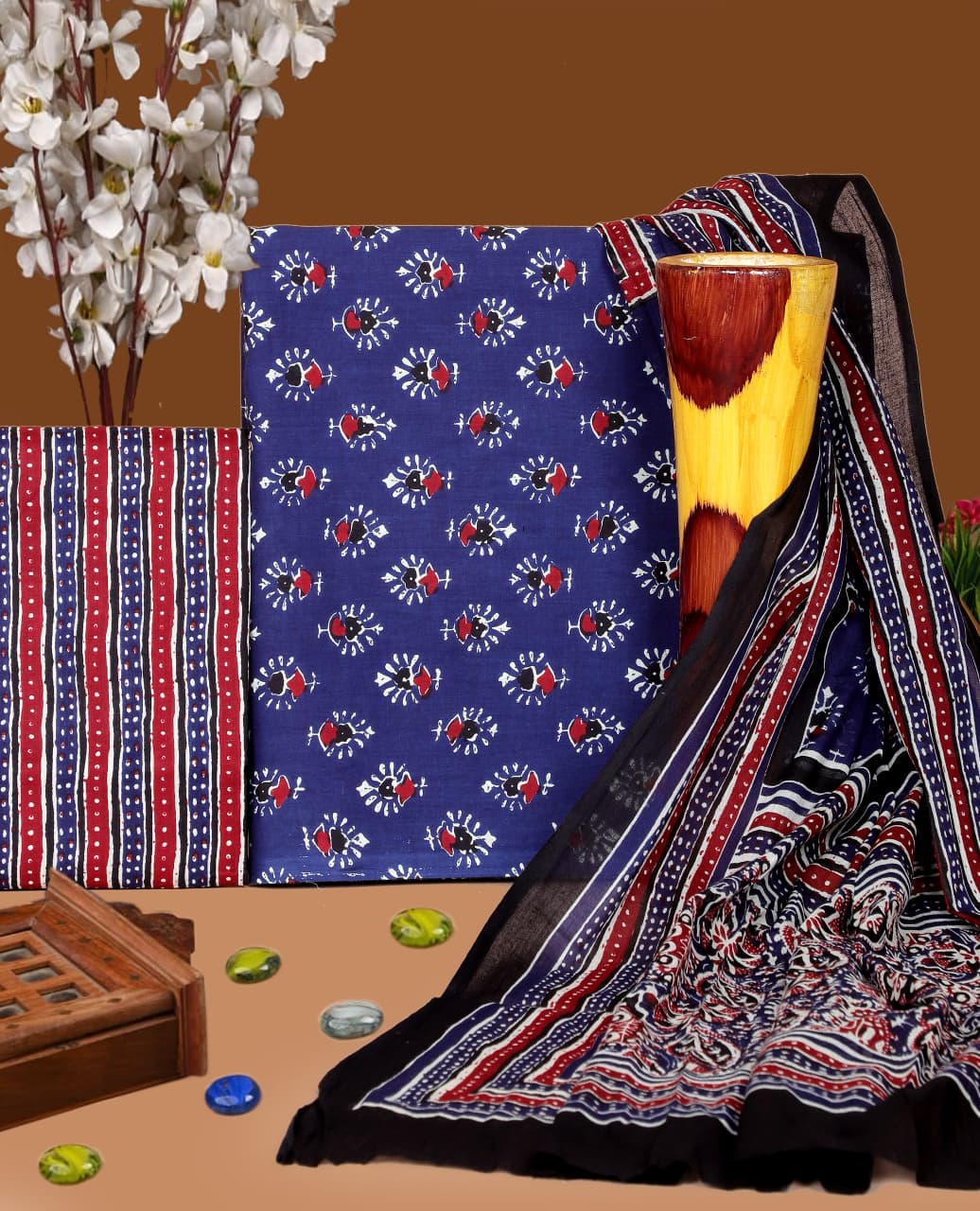 Pure Cotton Hand Block Print Unstitched Suit with Cotton Dupatta