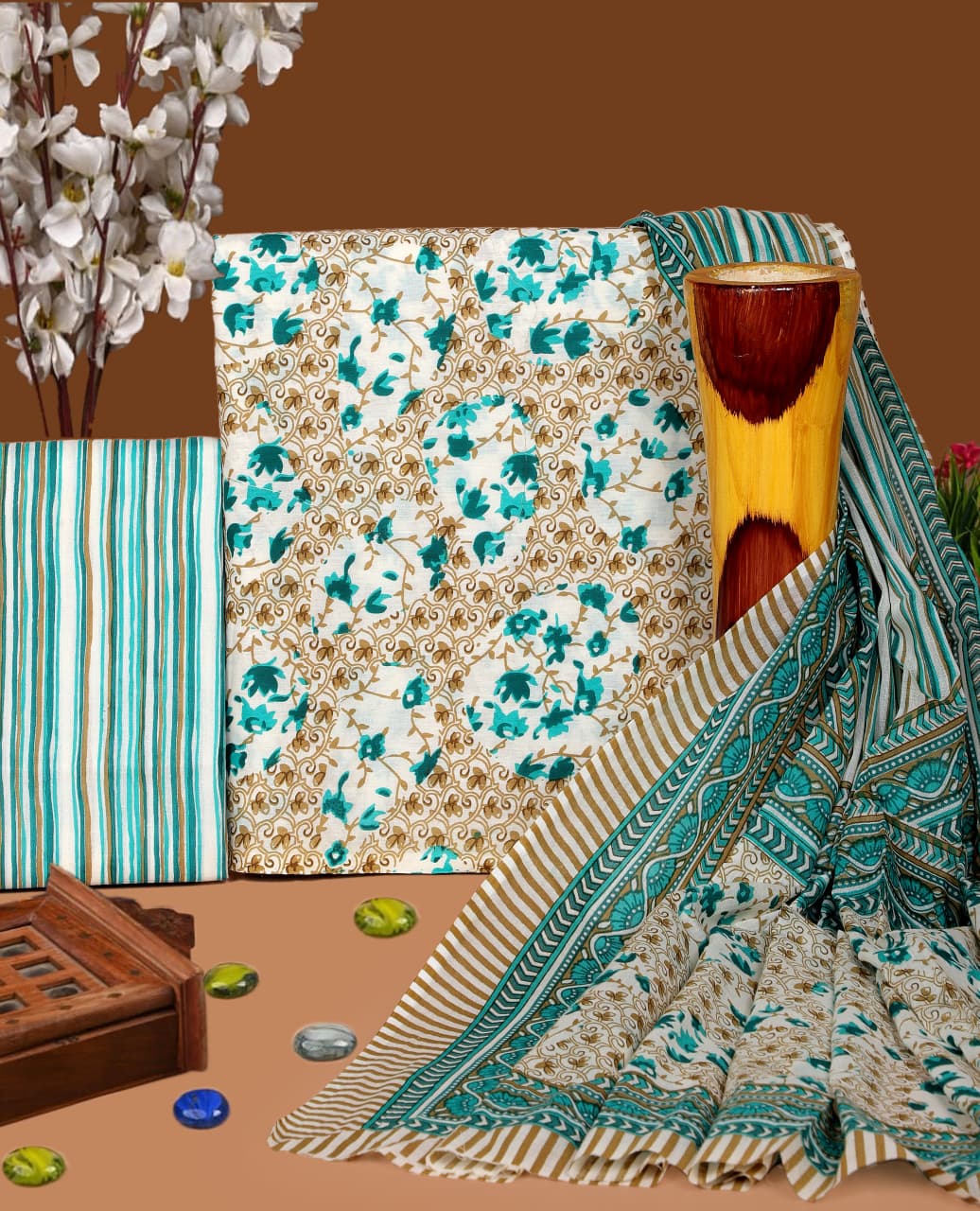 Pure Cotton Hand Block Print Unstitched Suit with Cotton Dupatta