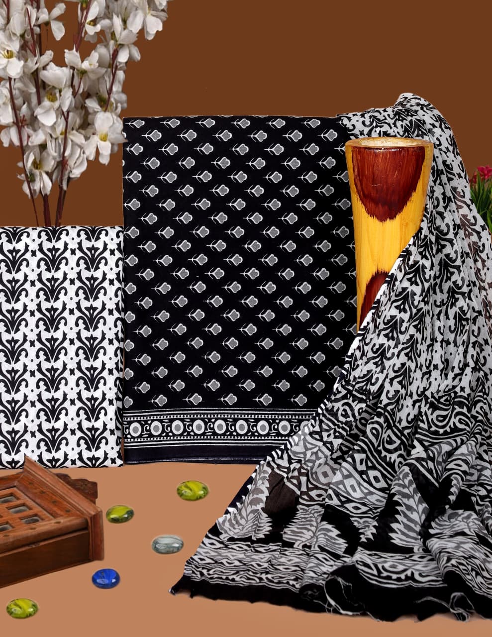 Pure Cotton Hand Block Print Unstitched Suit with Cotton Dupatta